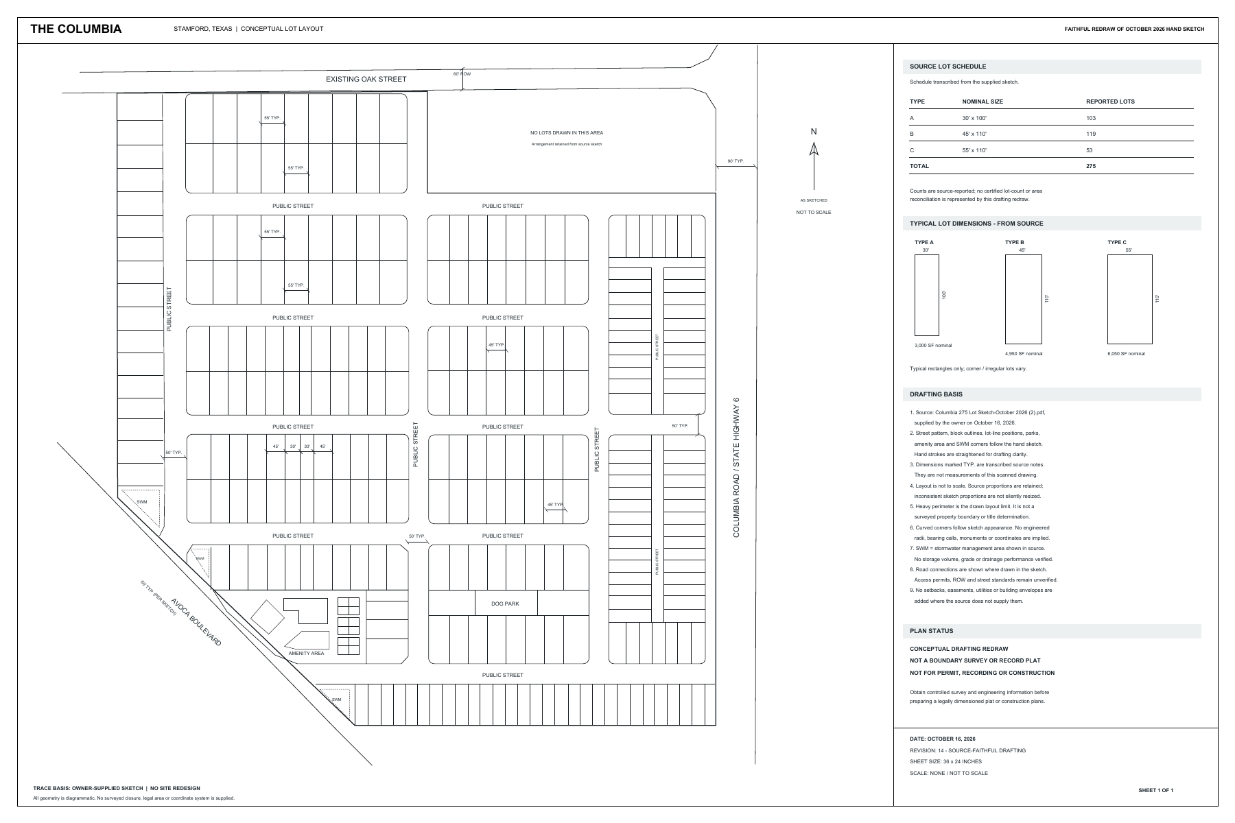 October 2026 conceptual lot layout showing proposed residential blocks, amenity area and dog park