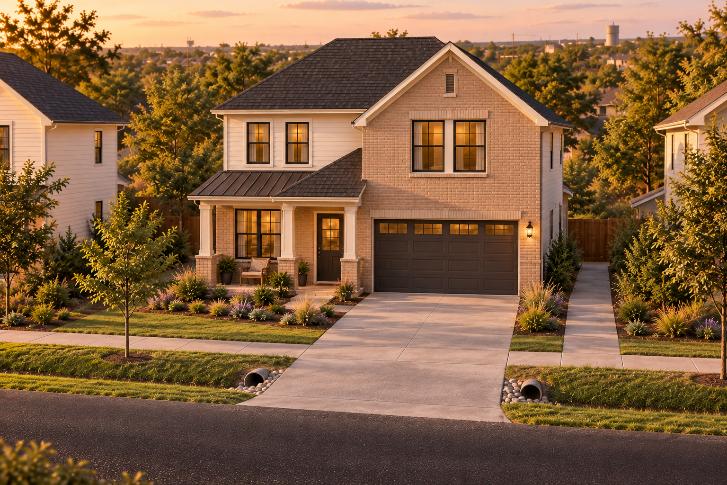 Concept illustration of a two-story detached home with a front porch and garage
