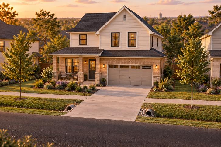 Concept illustration of a larger detached home with a broad front porch